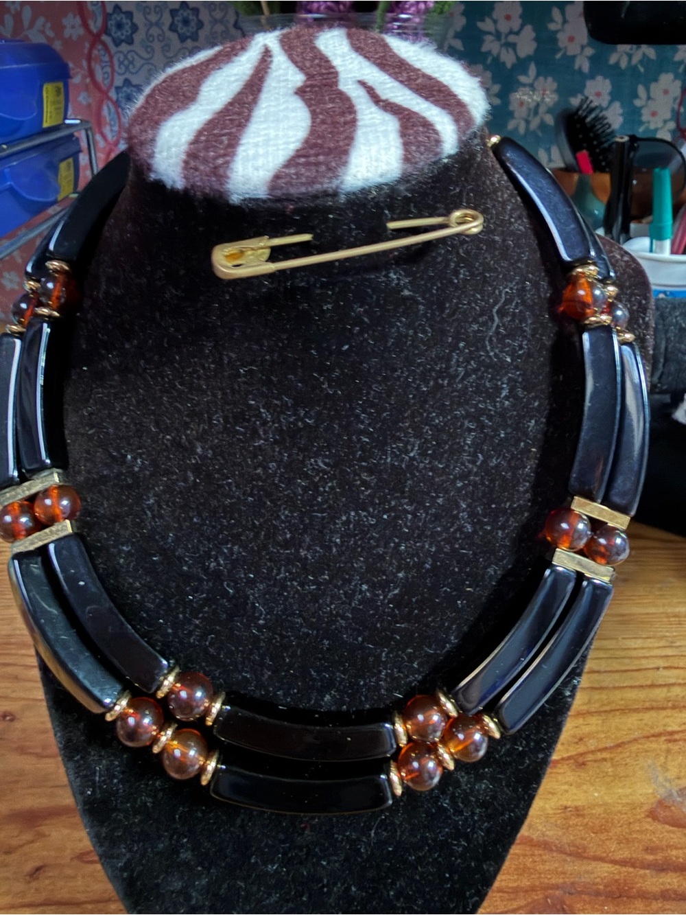 Elegant Black and Amber Beaded Statement Necklace - Women Jewelry